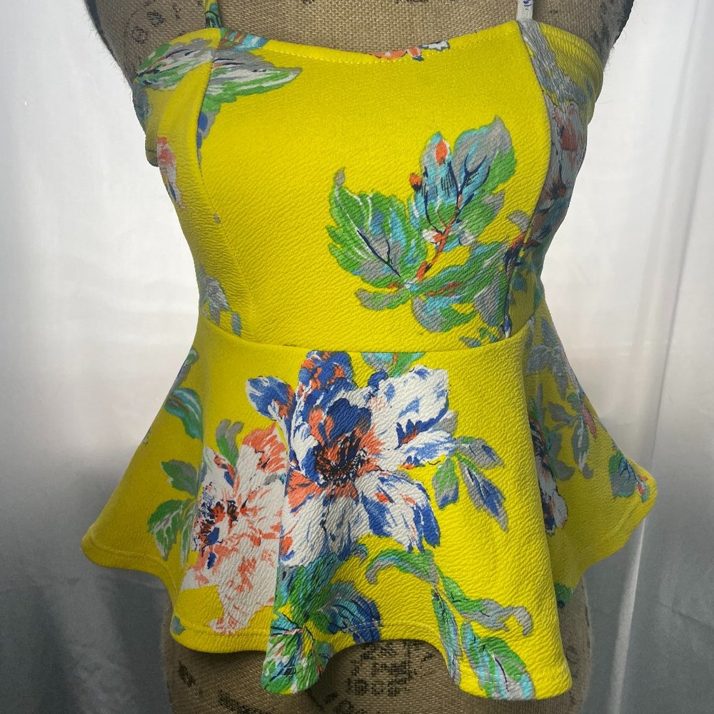 painted threads floral yellow  peplum top  S polyester spaghetti strap